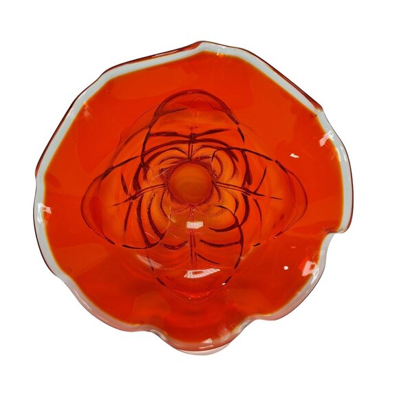 Viking Orange Glass Ruffle Cabbage Leaf Pedestal Bowl Elegant Design Vintage - Picture 3 of 6